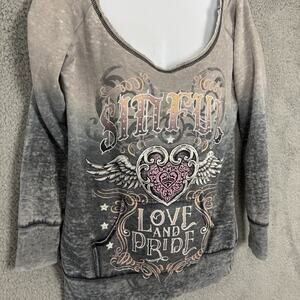 Sinful By Affliction Sweatshirt Graphic Tee Small Gray Y2K Biker Grunge